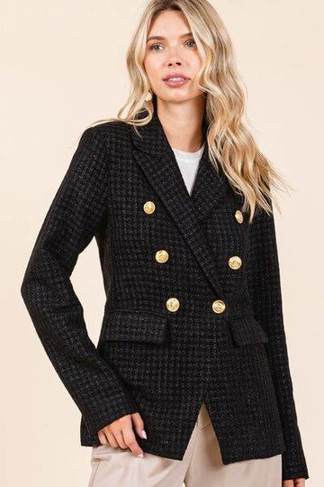 Mittoshop Plaid Texture Double-Breasted Long Sleeve Blazer - Hovatok