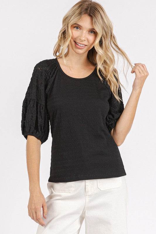 Mittoshop Mixed Media Textured Knit Popcorn Puff Sleeve Blouse - Hovatok