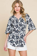BOMBOM Floral Decorative Button V-Neck Top - Hovatok