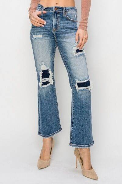 Risen Full Size High Rise Distressed Ankle Flare Jeans - Hovatok