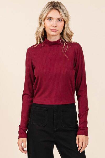 Mittoshop Mock Neck Rib Knit Long Sleeve Crop Top - Hovatok