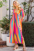ODDI Full Size Striped Puff Sleeve Wide Leg Jumpsuit - Hovatok