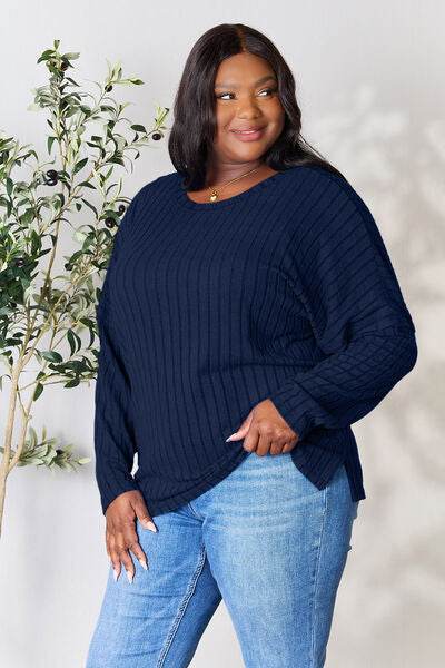 Basic Bae Full Size Ribbed Round Neck Slit Knit Top - Hovatok
