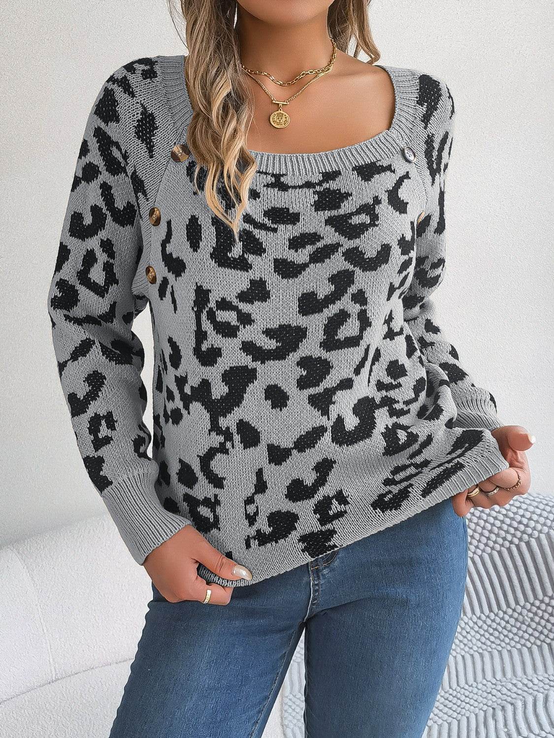 Leopard Buttoned Square Neck Sweater - Hovatok