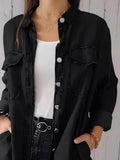 Full Size Raw Hem Button Up Long Sleeve Denim Top Plus Size - Hovatok