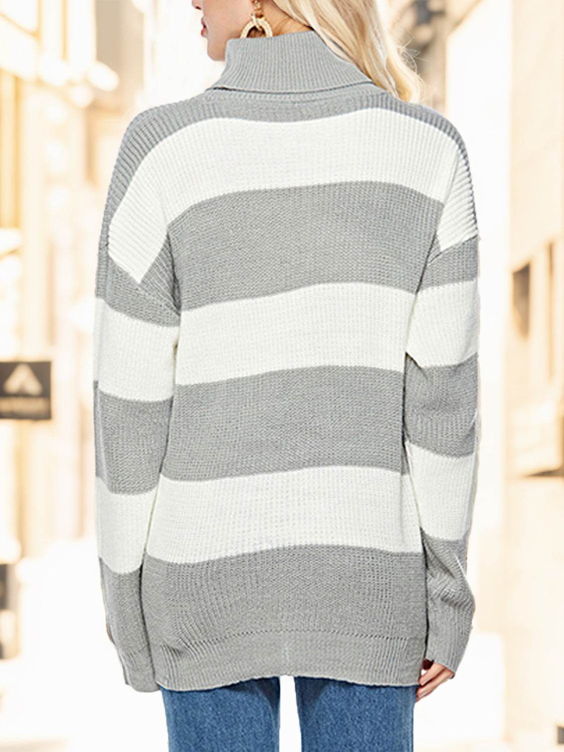 Striped Turtleneck Long Sleeve Sweater - Hovatok