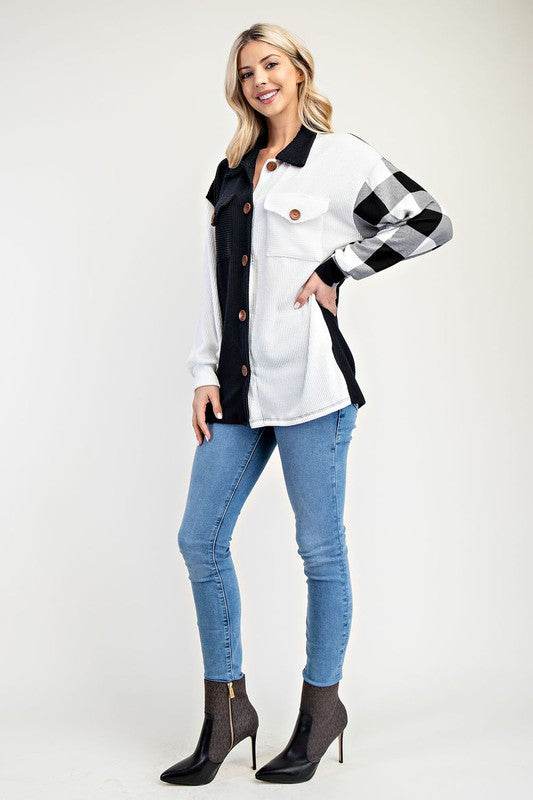 Celeste Full Size Plaid Contrast Button Up Shacket - Hovatok