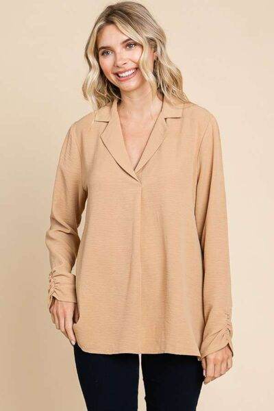 Culture Code Full Size Lapel Collar Ruched Long Sleeve Blouse - Hovatok