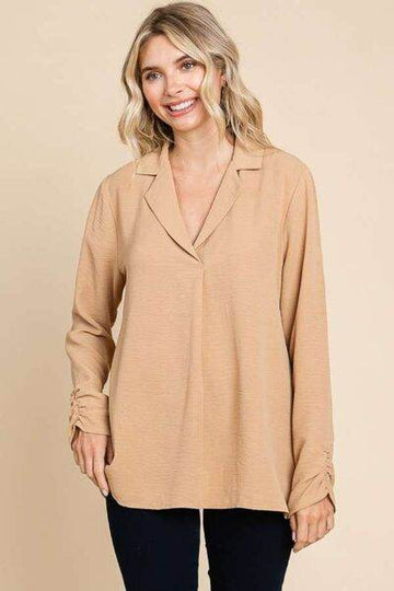 Culture Code Full Size Lapel Collar Ruched Long Sleeve Blouse - Hovatok