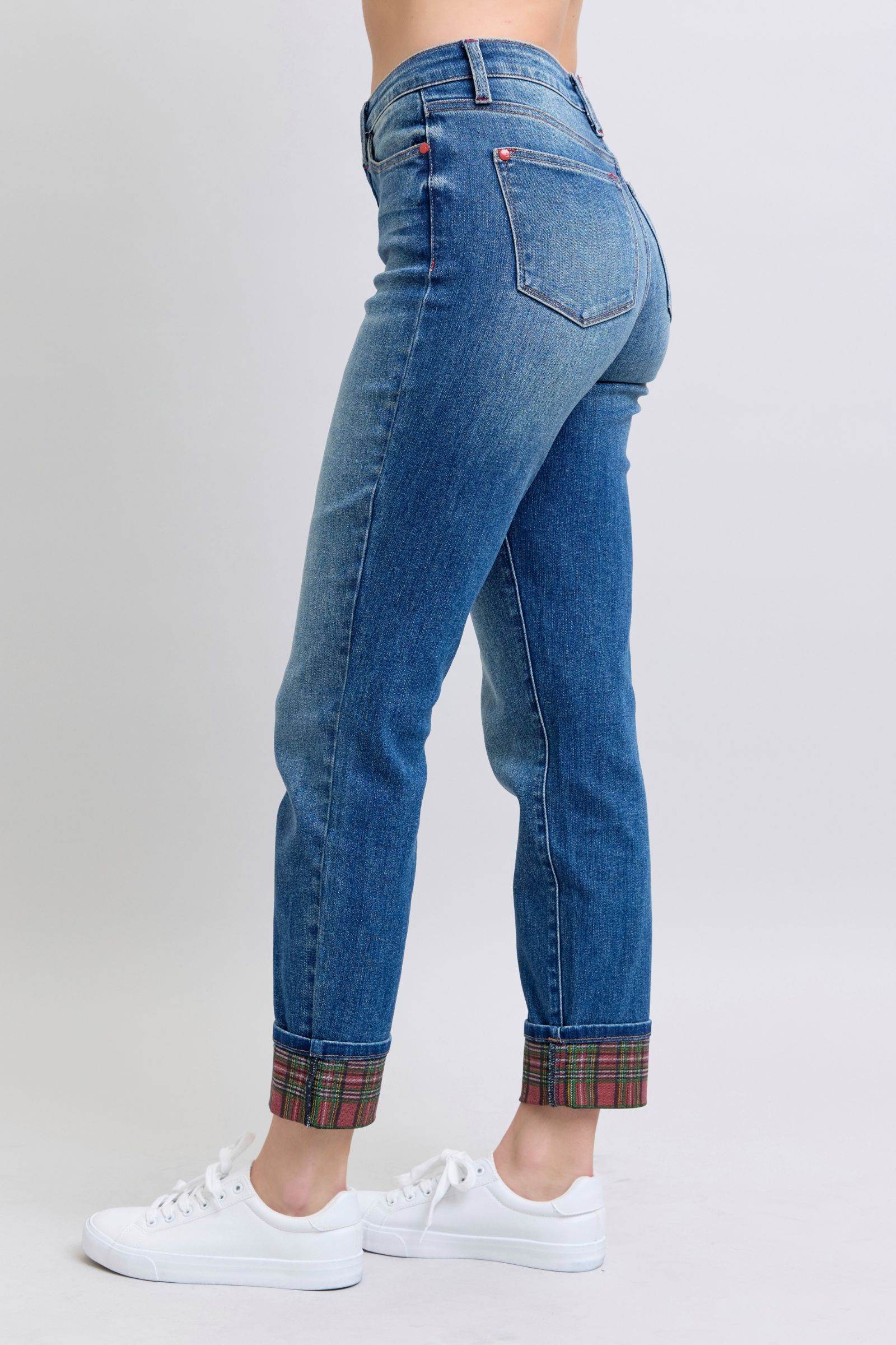 Judy Blue Full Size Plaid Print Cuff Straight Leg Jeans with Pockets - Hovatok