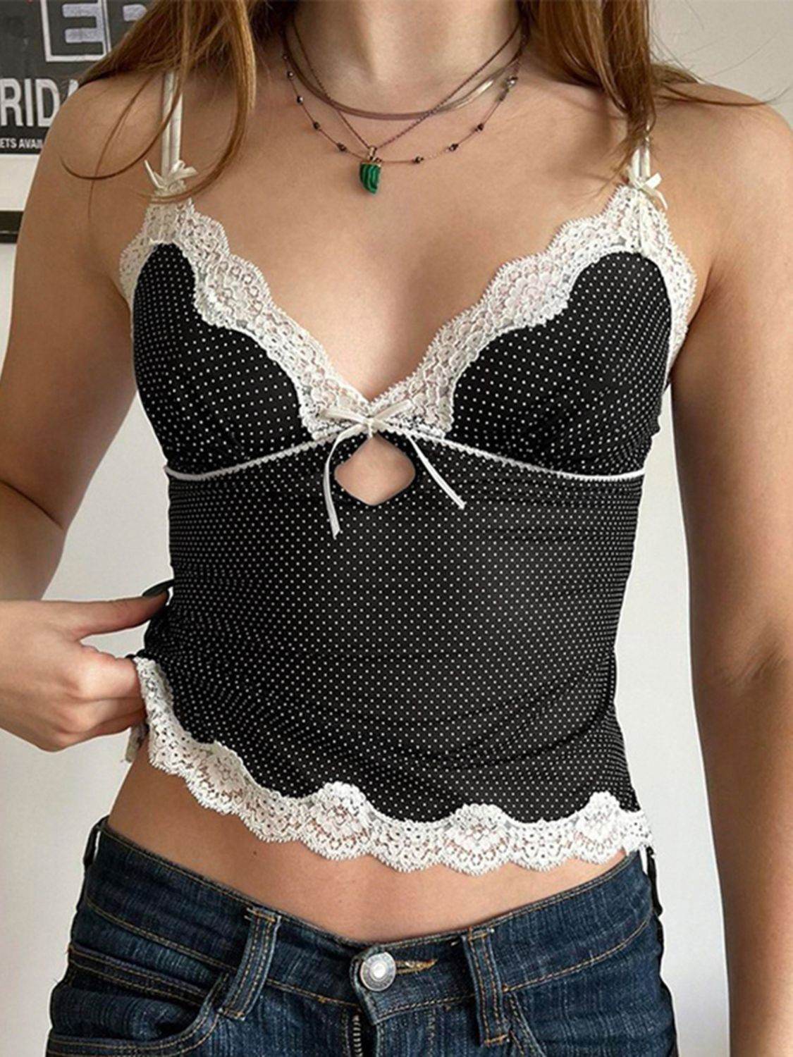 Devine Lace Detail Polka Dot V-Neck Cami - Hovatok