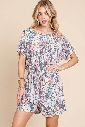 BOMBOM Printed Short Sleeve Drawstring Romper - Hovatok