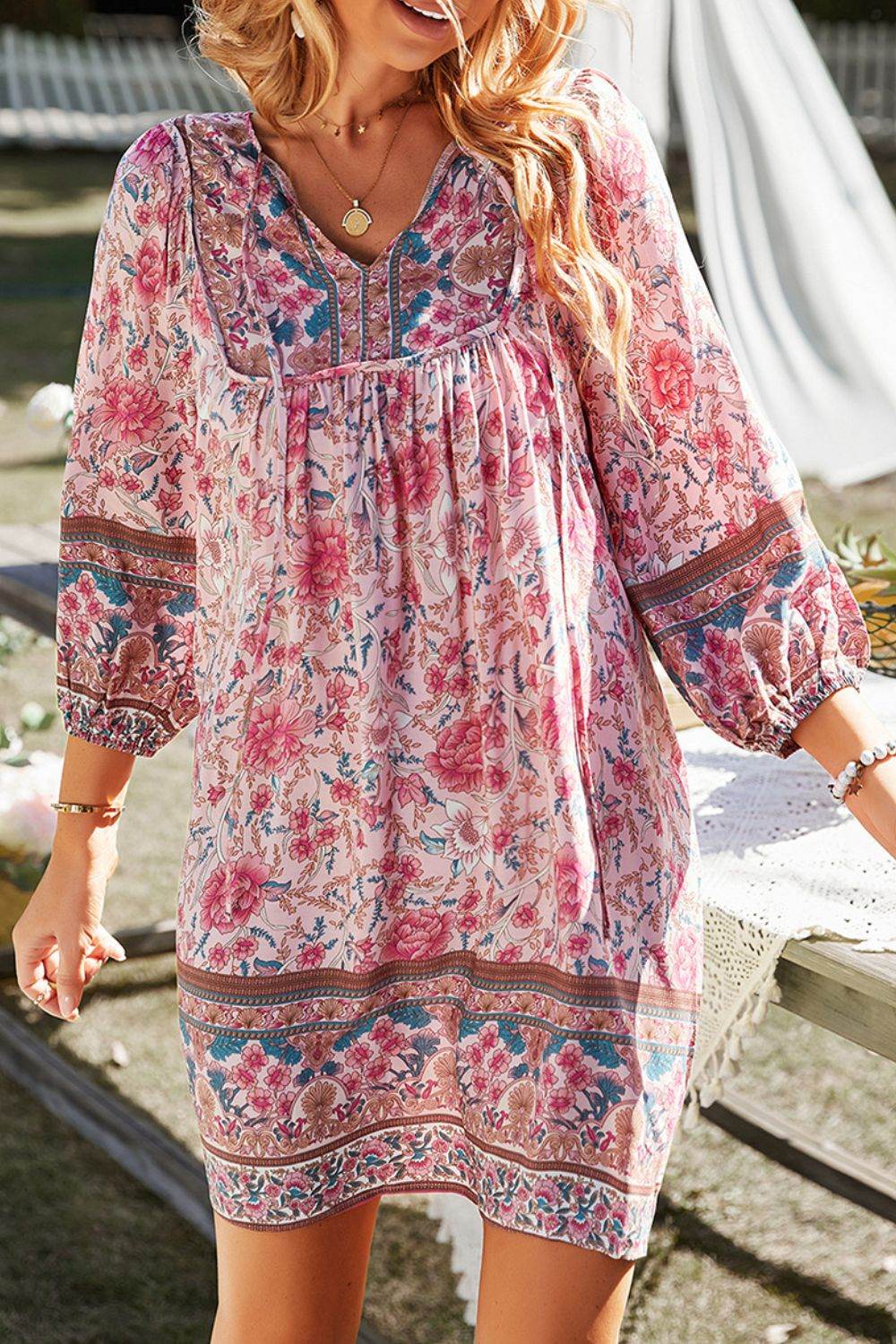 Devine Printed Tie Neck Mini Dress - Hovatok