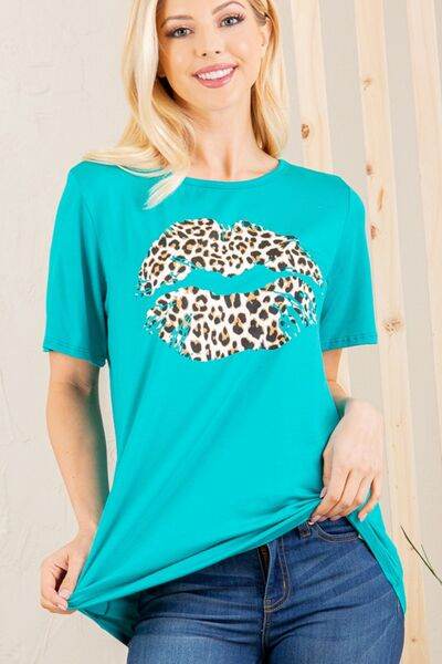 Heimish Full Size Leopard Lip Round Neck Short Sleeve T-Shirt Plus Size - Hovatok