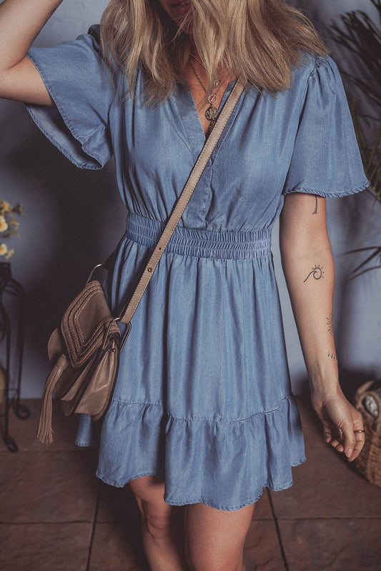 Ruffled Hem Smocked Flutter Sleeve Denim Mini Dress - Hovatok