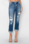 RISEN Full Size Cuffed Ankle Distressed Straight Jeans - Hovatok