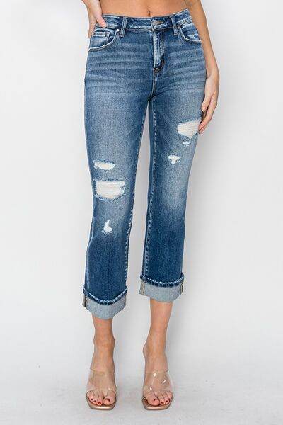 RISEN Full Size Cuffed Ankle Distressed Straight Jeans - Hovatok