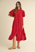 Annie Wear Mineral Washed Button Down Puff Sleeve Shirt Dress - Hovatok