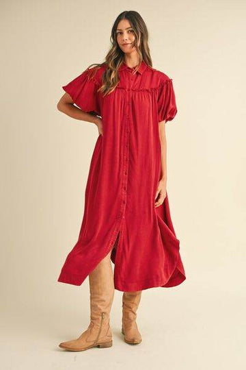 Annie Wear Mineral Washed Button Down Puff Sleeve Shirt Dress - Hovatok