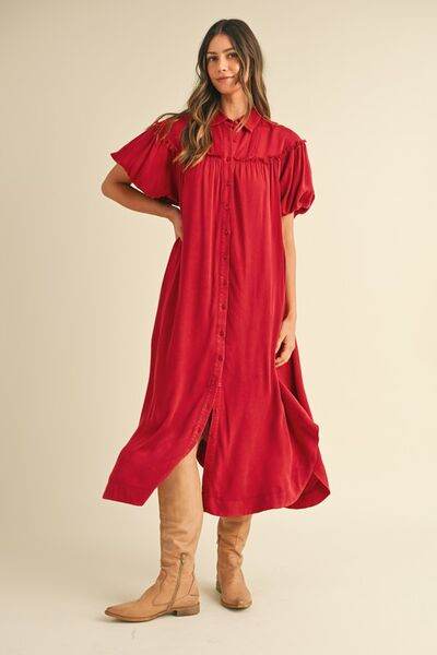 Annie Wear Mineral Washed Button Down Puff Sleeve Shirt Dress - Hovatok