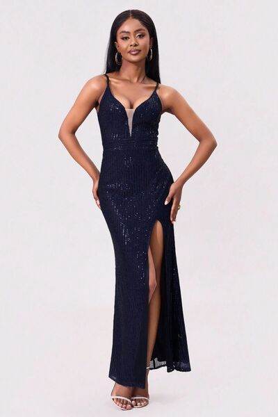 Split Sequin Backless Maxi Cami Dress - Hovatok