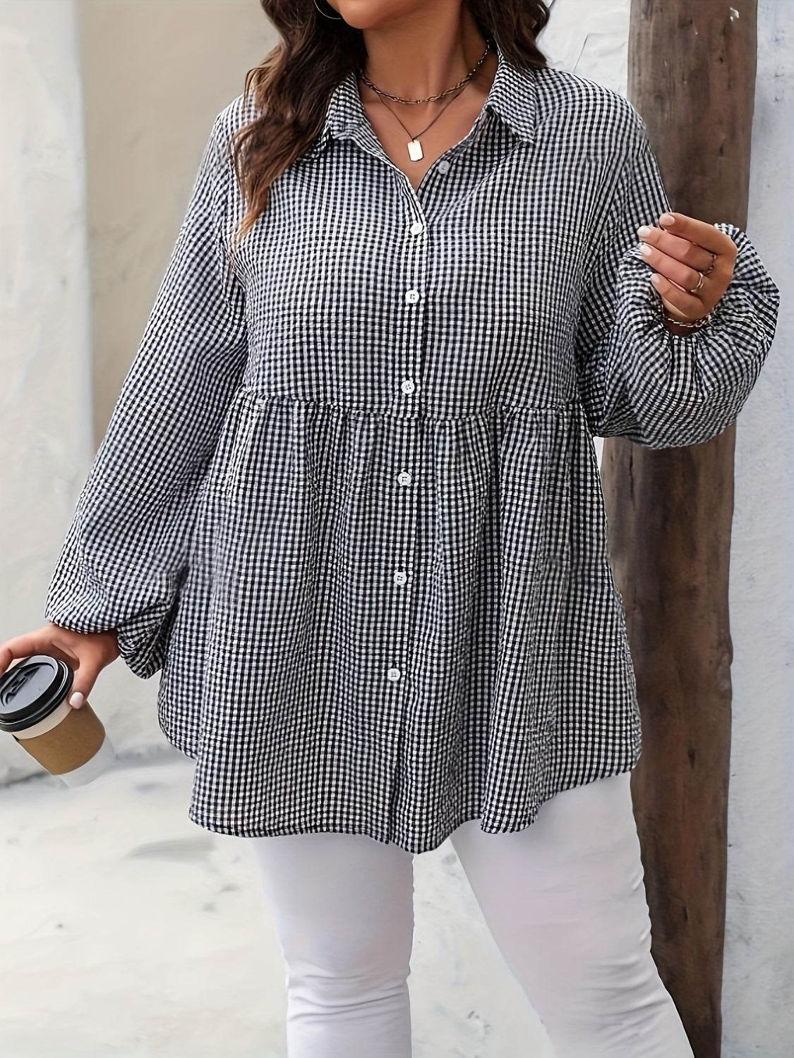 Plus Size Plaid Collared Neck Long Sleeve Shirt - Hovatok