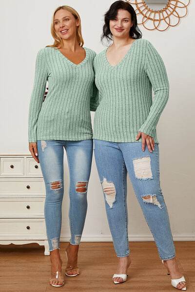 Basic Bae Full Size Ribbed V-Neck Long Sleeve T-Shirt - Hovatok