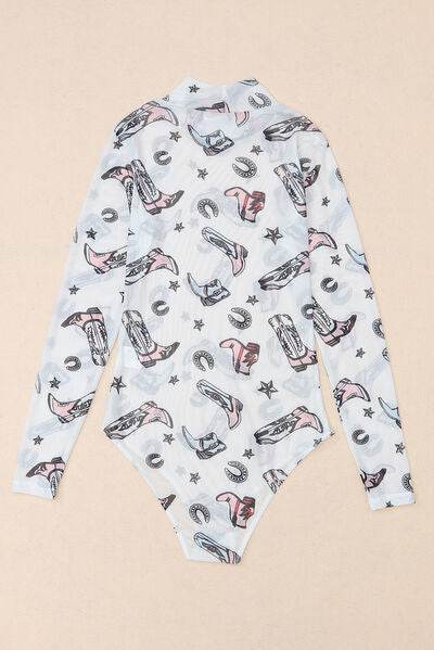 Printed Mock Neck Long Sleeve Bodysuit - Hovatok