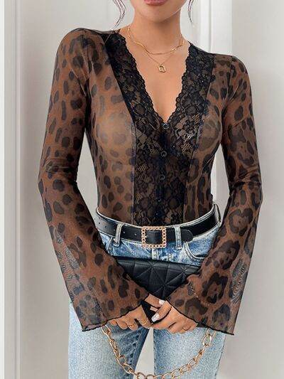 Perfee Leopard V-Neck Lace Bodysuit - Hovatok