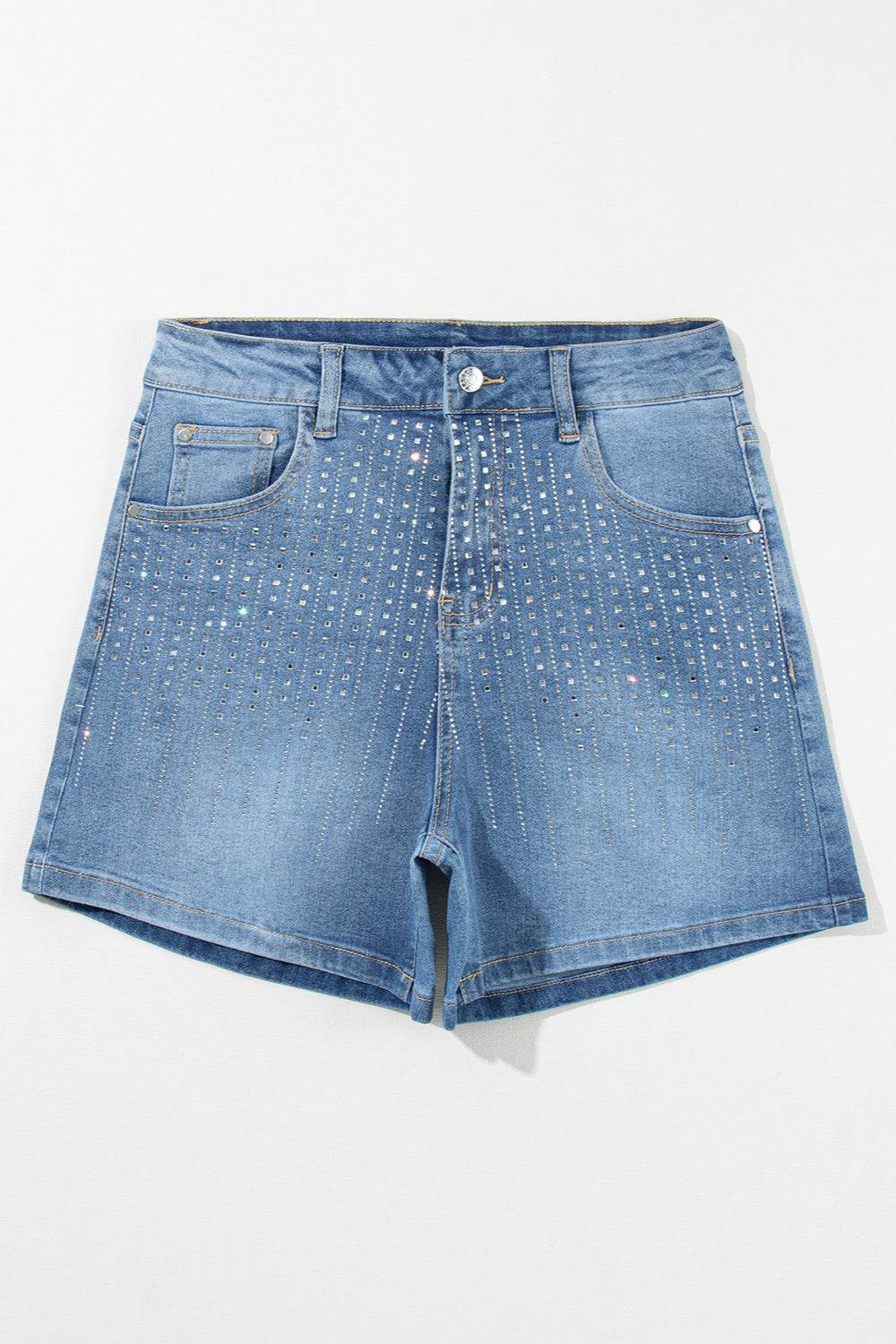 Rhinestone High Waist Denim Shorts - Hovatok