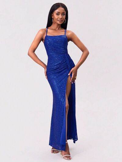 Slit Sequin Square Neck Spaghetti Strap Dress - Hovatok