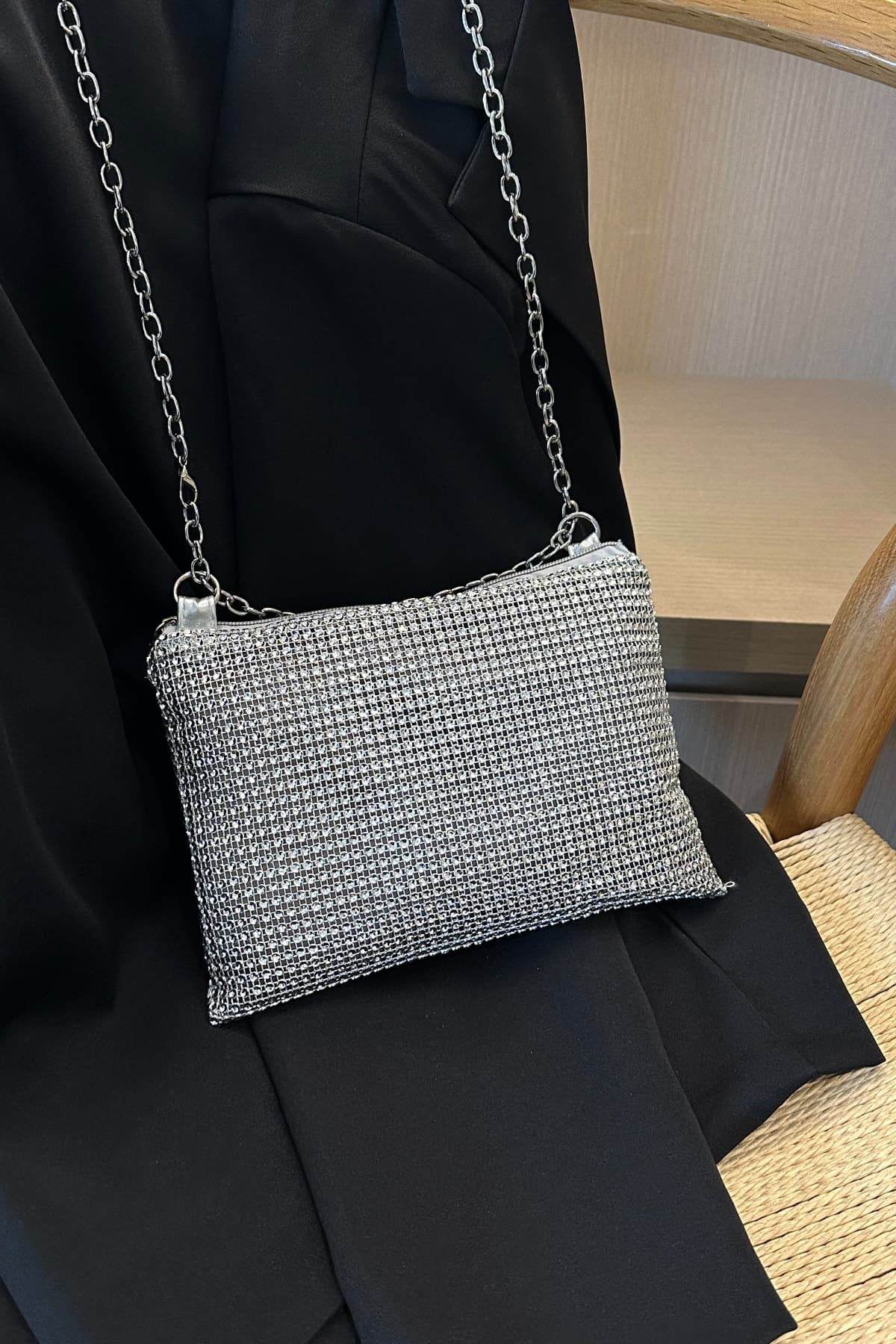 Rhinestone Polyester Chain Crossbody Bag - Hovatok