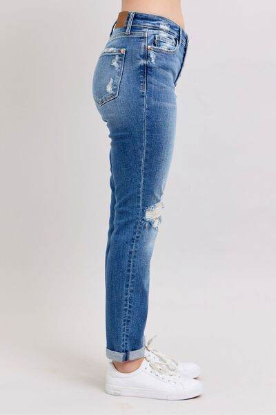 Judy Blue Full Size Button Fly Distressed Jeans with Pockets Plus Size - Hovatok