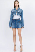 American Bazi Distressed Denim Jacket with Frayed Hem - Hovatok