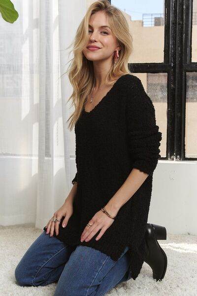 ADORA High-Low Side Slit V-Neck Sweater - Hovatok
