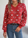 Heart Pattern V-Neck Long Sleeve Sweater - Hovatok