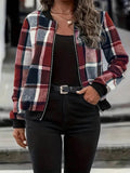 Plus Size Plaid Baseball Collar Zip Up Jacket - Hovatok