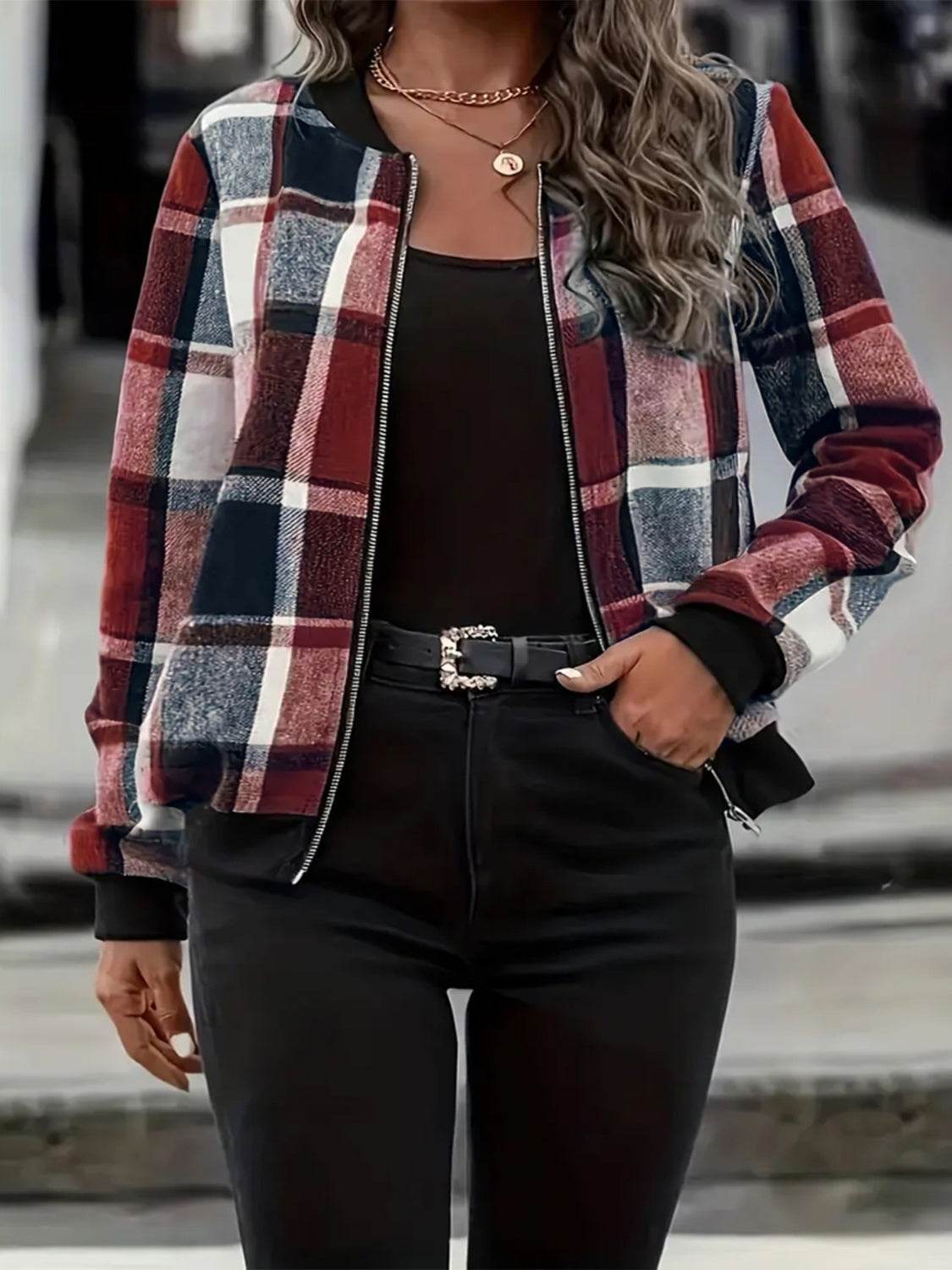 Plus Size Plaid Baseball Collar Zip Up Jacket - Hovatok