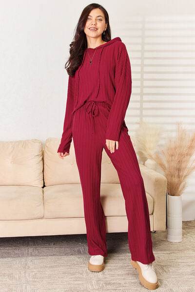 Basic Bae Full Size Ribbed Drawstring Hooded Top and Straight Pants Set - Hovatok
