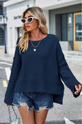High-Low Slit Round Neck Long Sleeve Sweater - Hovatok