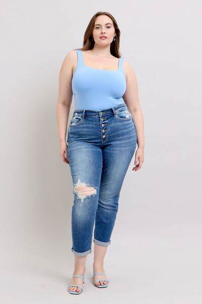 Judy Blue Full Size Button Fly Distressed Jeans with Pockets Plus Size - Hovatok