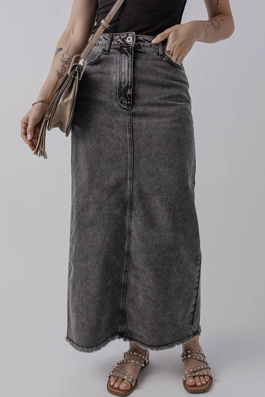 Raw Hem Midi Denim Skirt with Pockets - Hovatok