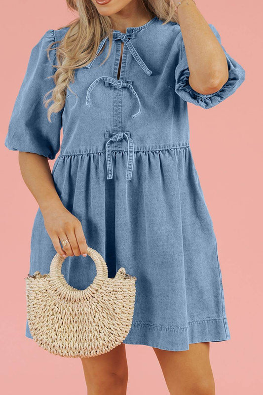Bowknot Round Neck Half Sleeve Denim Dress - Hovatok