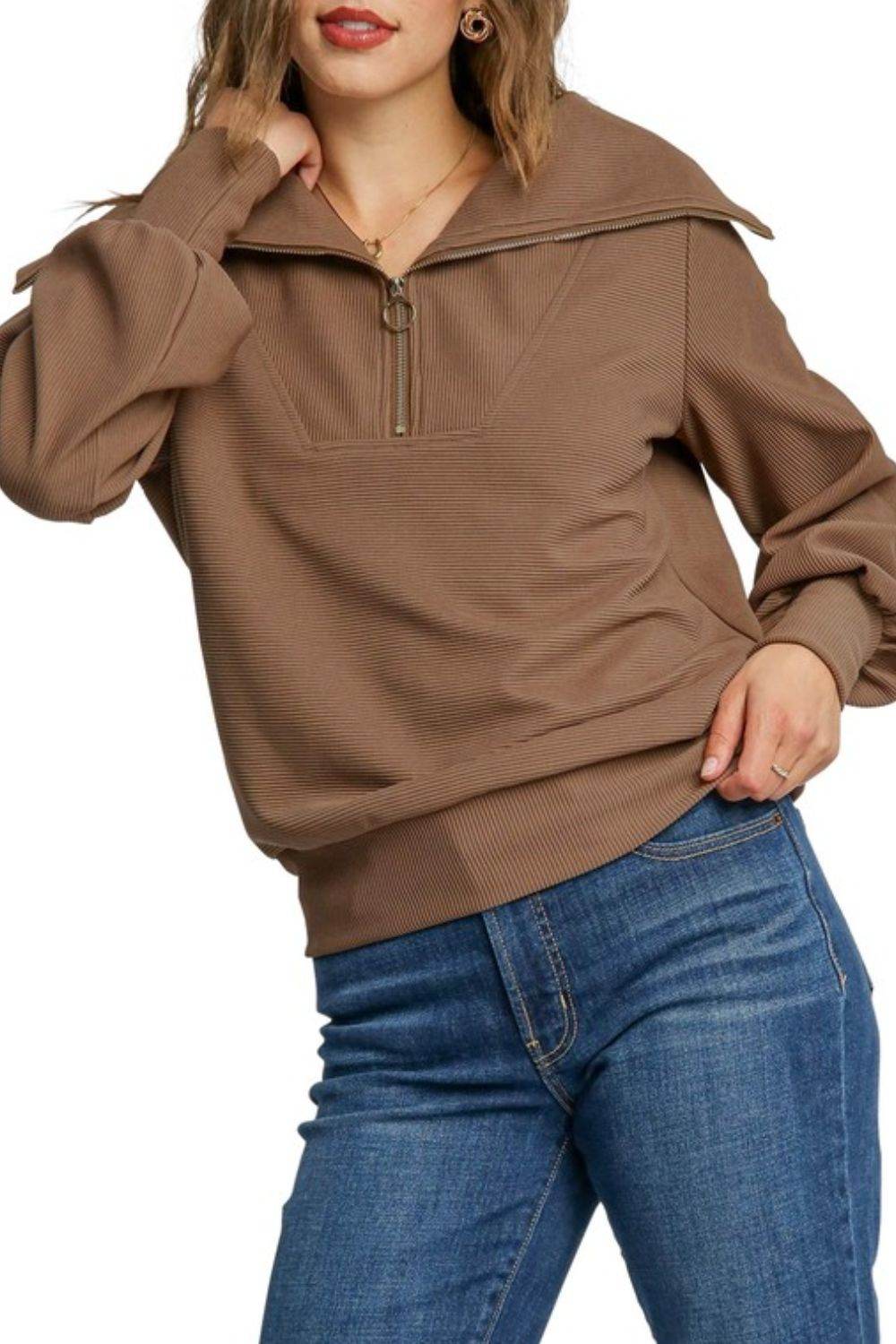 Umgee Full Size Ribbed Knit Half Zipper Sweatshirt Plus Size - Hovatok
