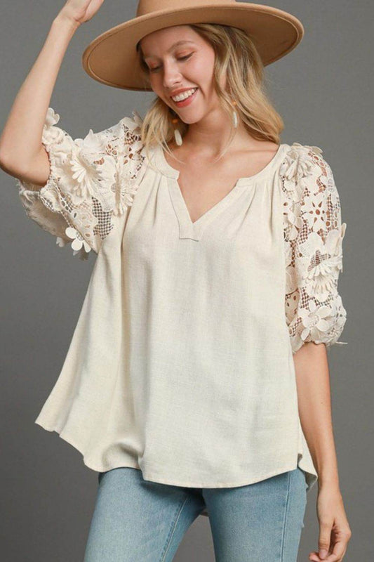 Umgee Full Size French Terry Boxy Cut Top with 3D Floral Sleeve Plus Size - Hovatok