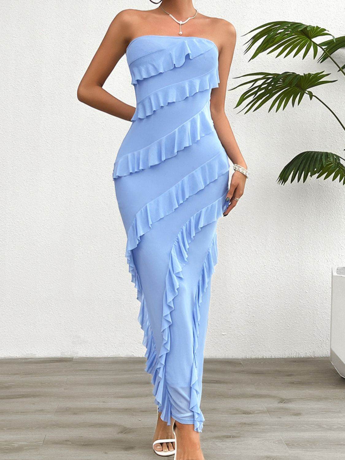 Devine Ruffled Slit Back Tube Maxi Dress - Hovatok