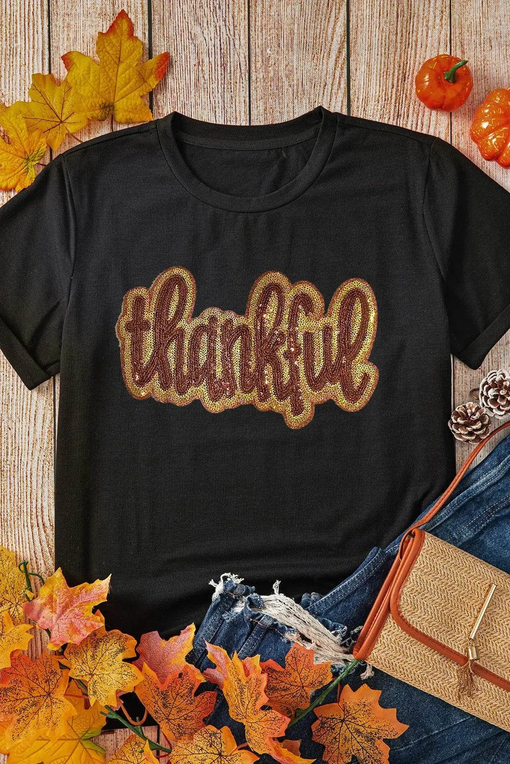 THANKFUL Sequin Round Neck Short Sleeve T-Shirt - Hovatok