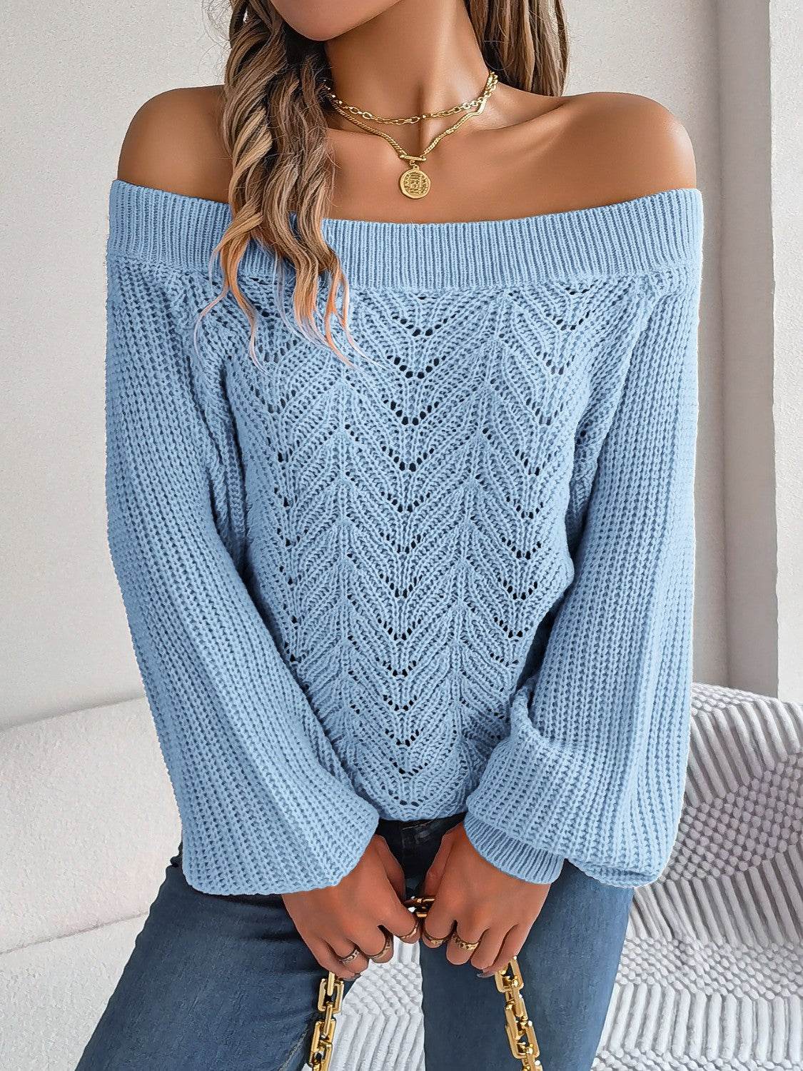 Openwork Off-Shoulder Long Sleeve Sweater - Hovatok