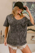 BiBi Washed Notched Short Sleeve Top - Hovatok