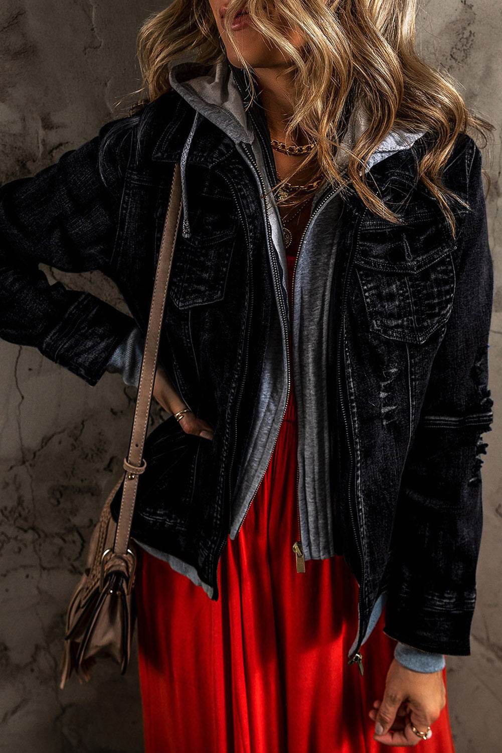 Fake Two-Piece Hooded Zip-Up Denim Jacket - Hovatok
